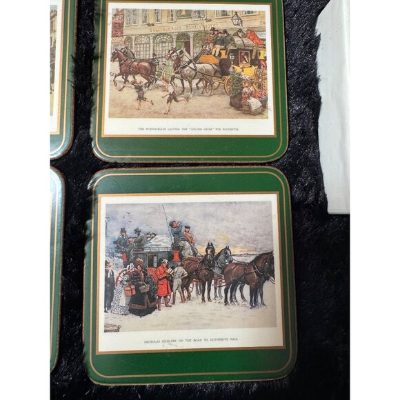 Set Of 6 Vintage Pimpernel  Cork Back Coasters Dickensian Scenes In Original Box - Picture 4 of 11